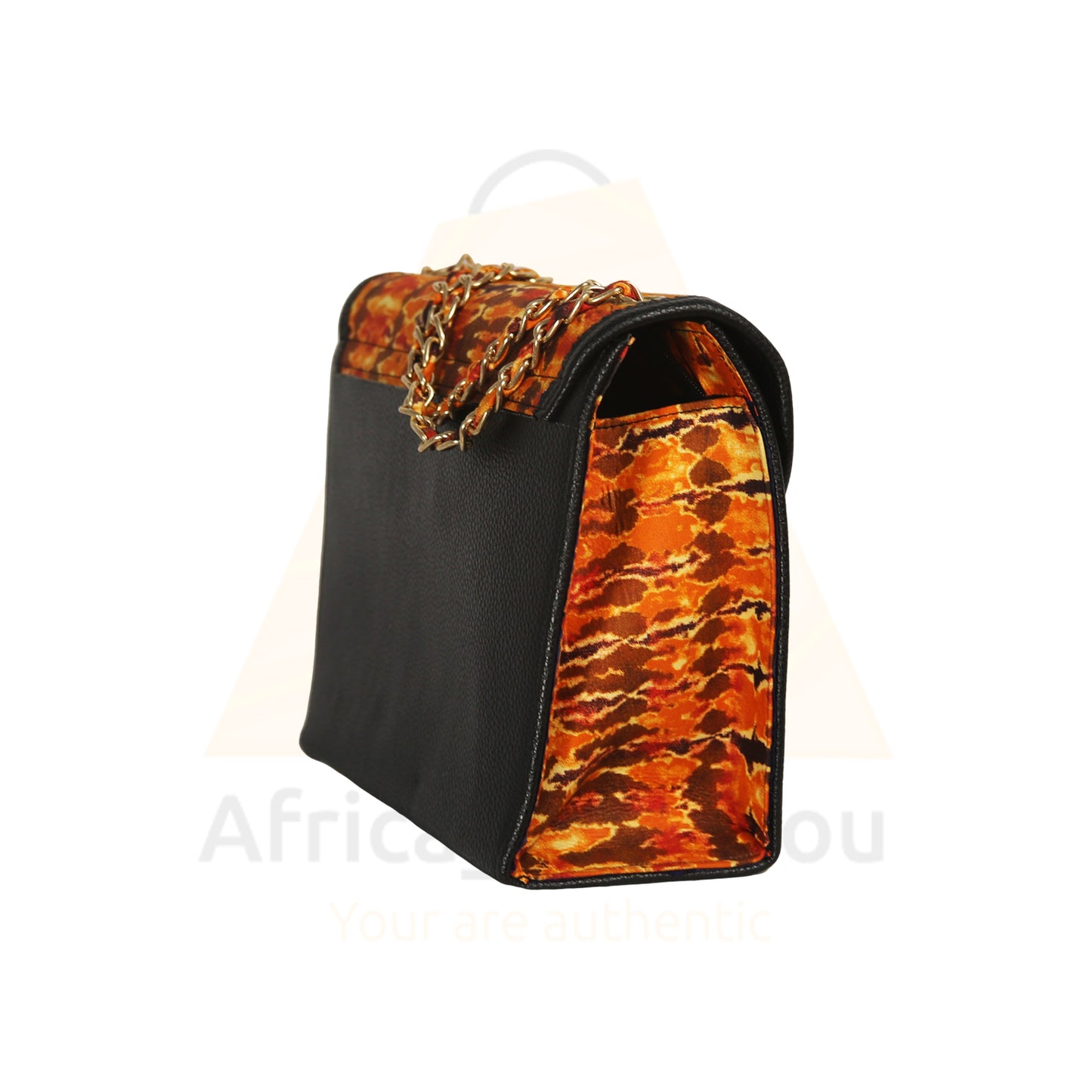 Fiery Elegance: Black Leather Handbag with Bold Orange African Print