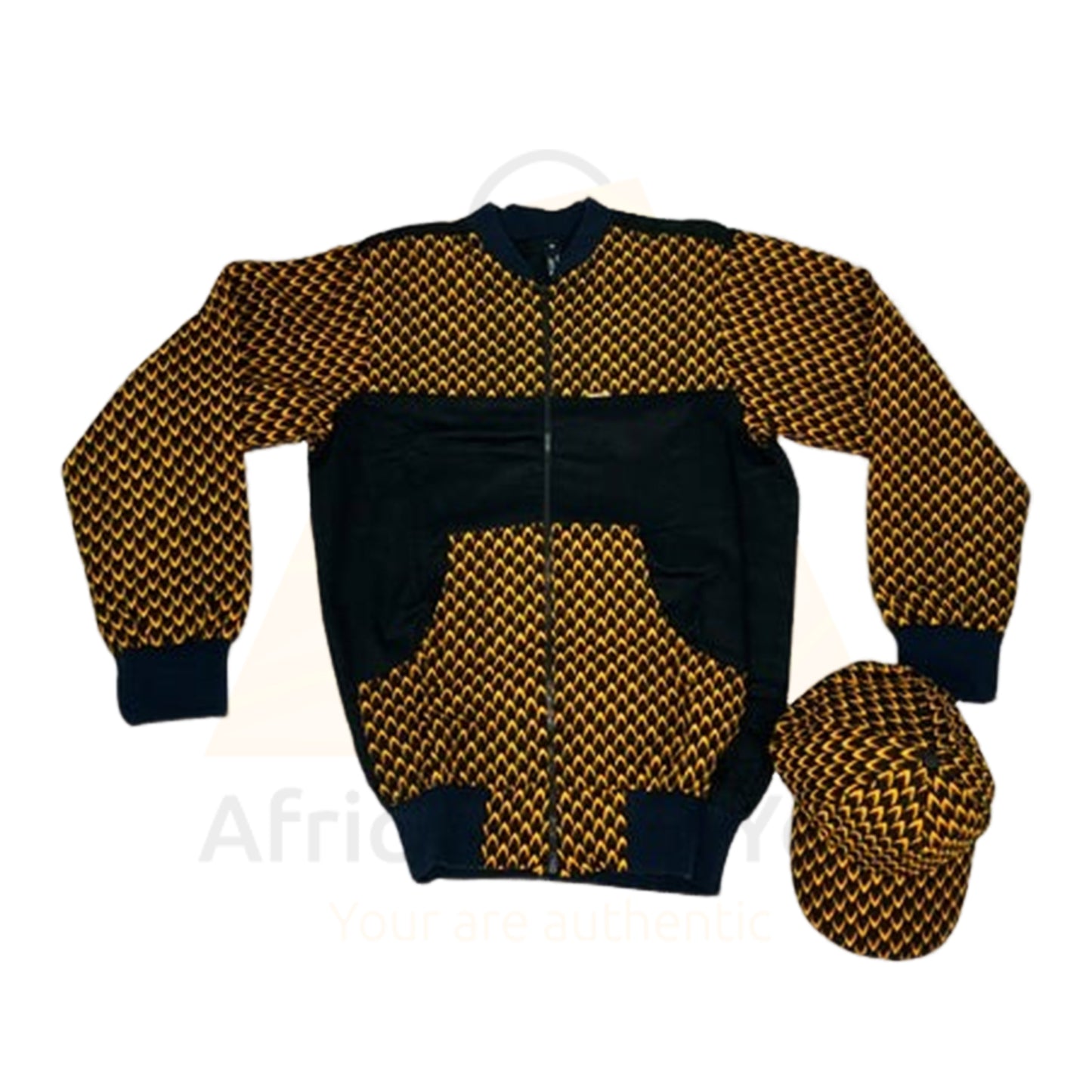 Bold Elegance: Black and Gold African Bomber Jacket & Cap Set