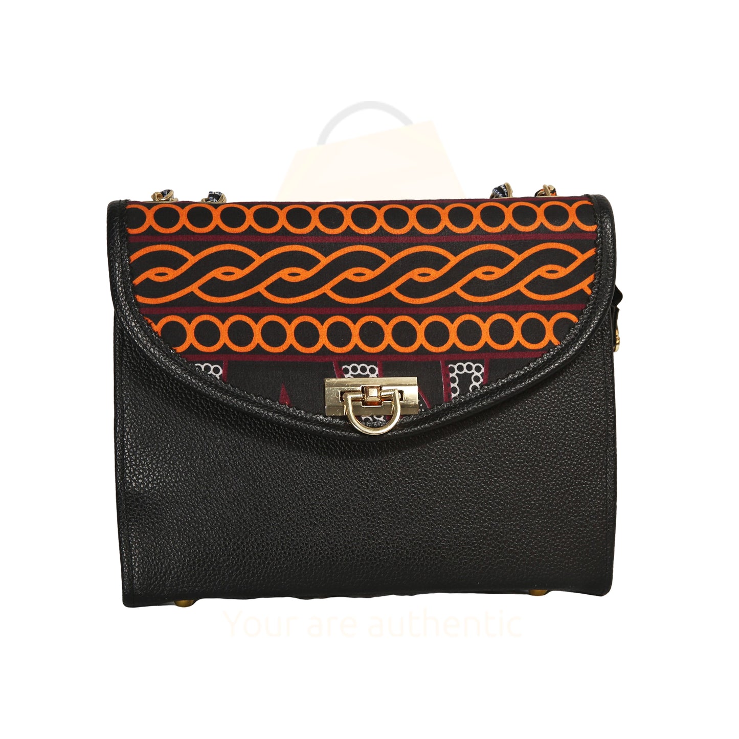 Elegant Fusion: Black Leather Handbag with African Print Accent