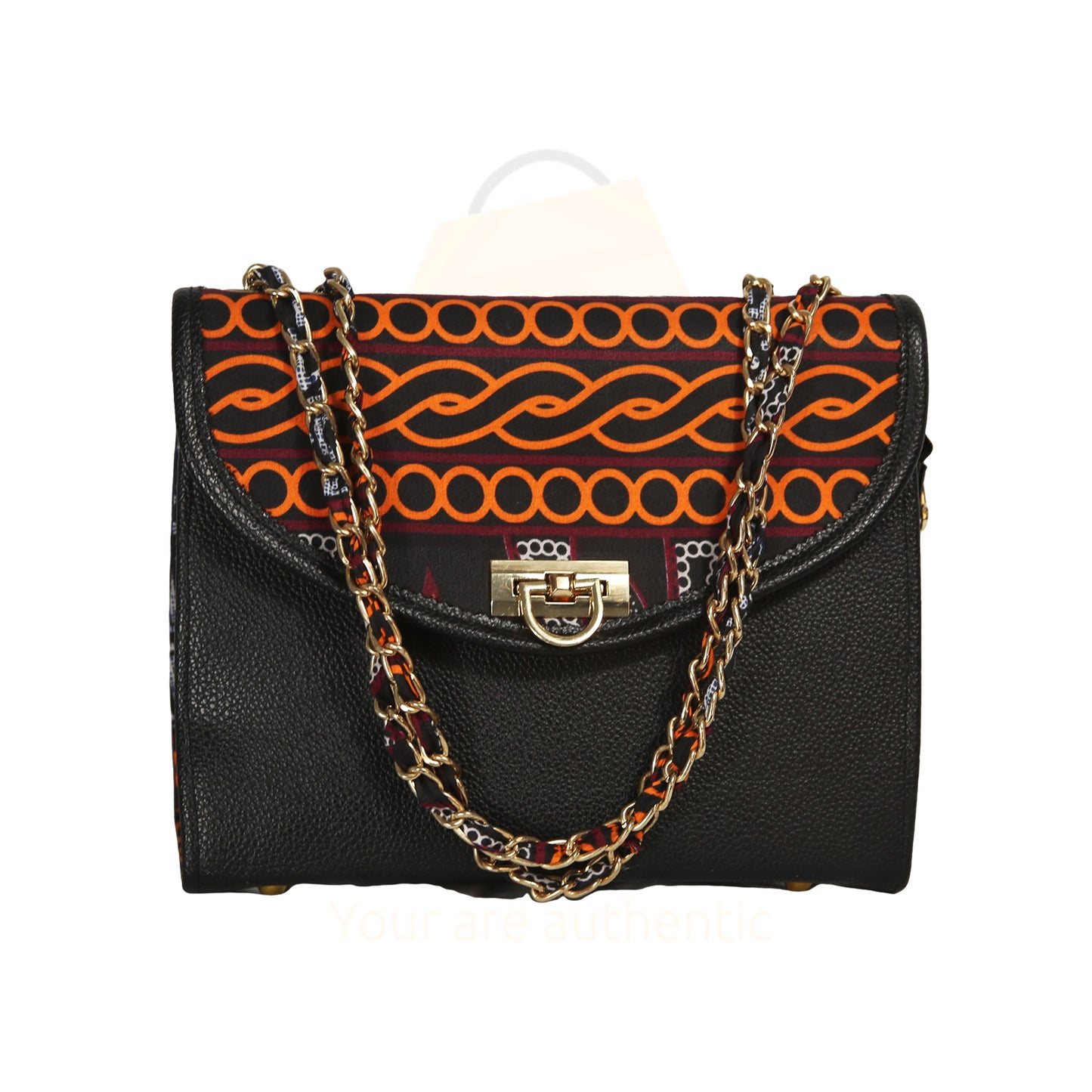 Elegant Fusion: Black Leather Handbag with African Print Accent