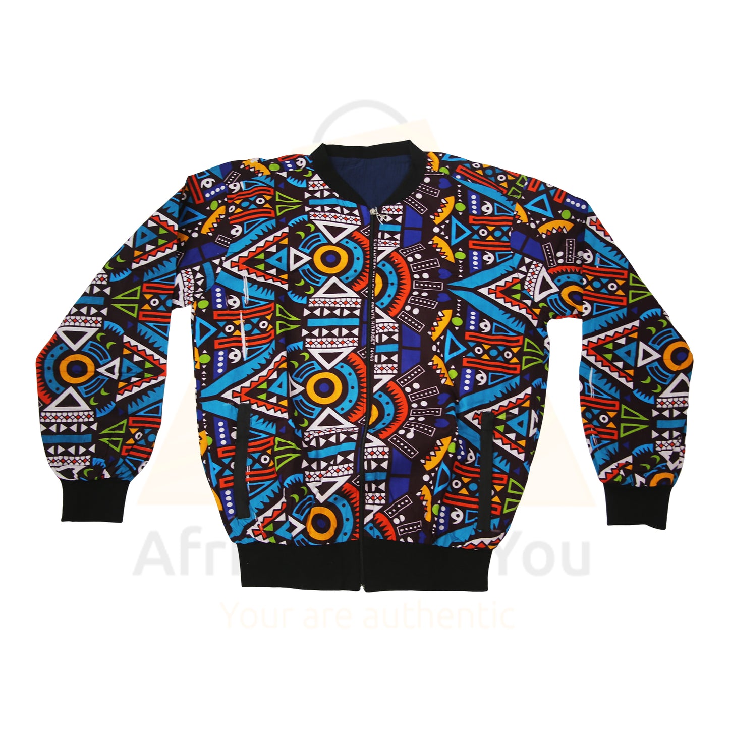 Urban Vibes: Colorful African Geometric Print Bomber Jacket