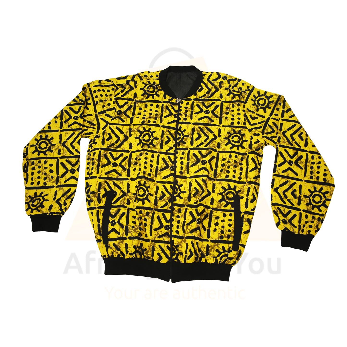 Golden Tribal Vibes: Bold Yellow Mudcloth-Inspired Bomber Jacket