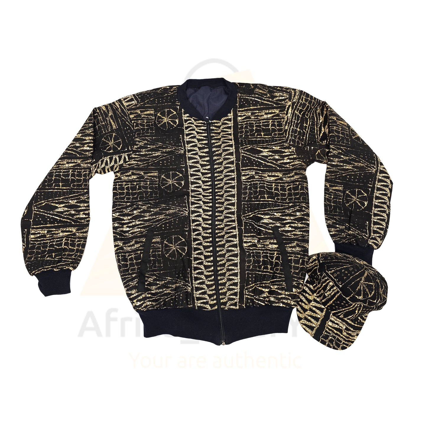 Golden Heritage: Black & Gold African Print Bomber Jacket and Cap Set