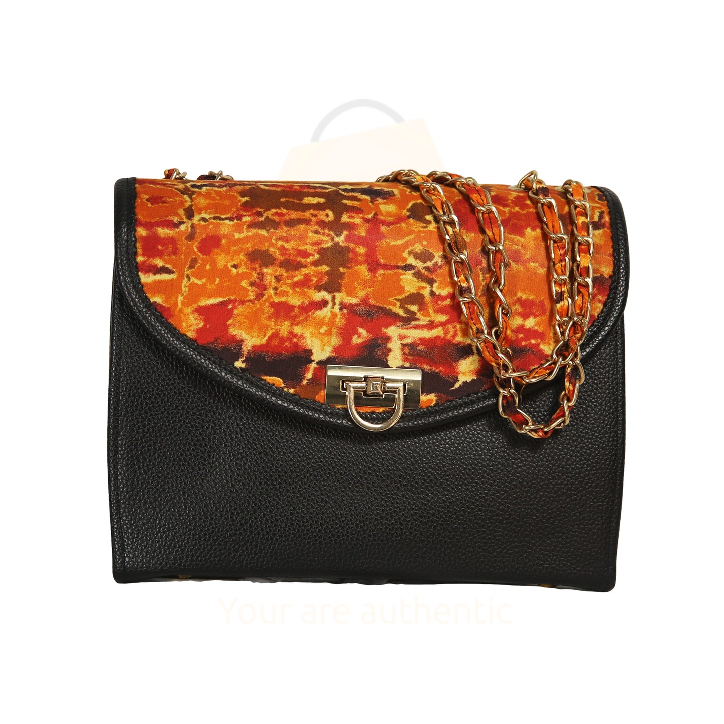 Fiery Elegance: Black Leather Handbag with Bold Orange African Print