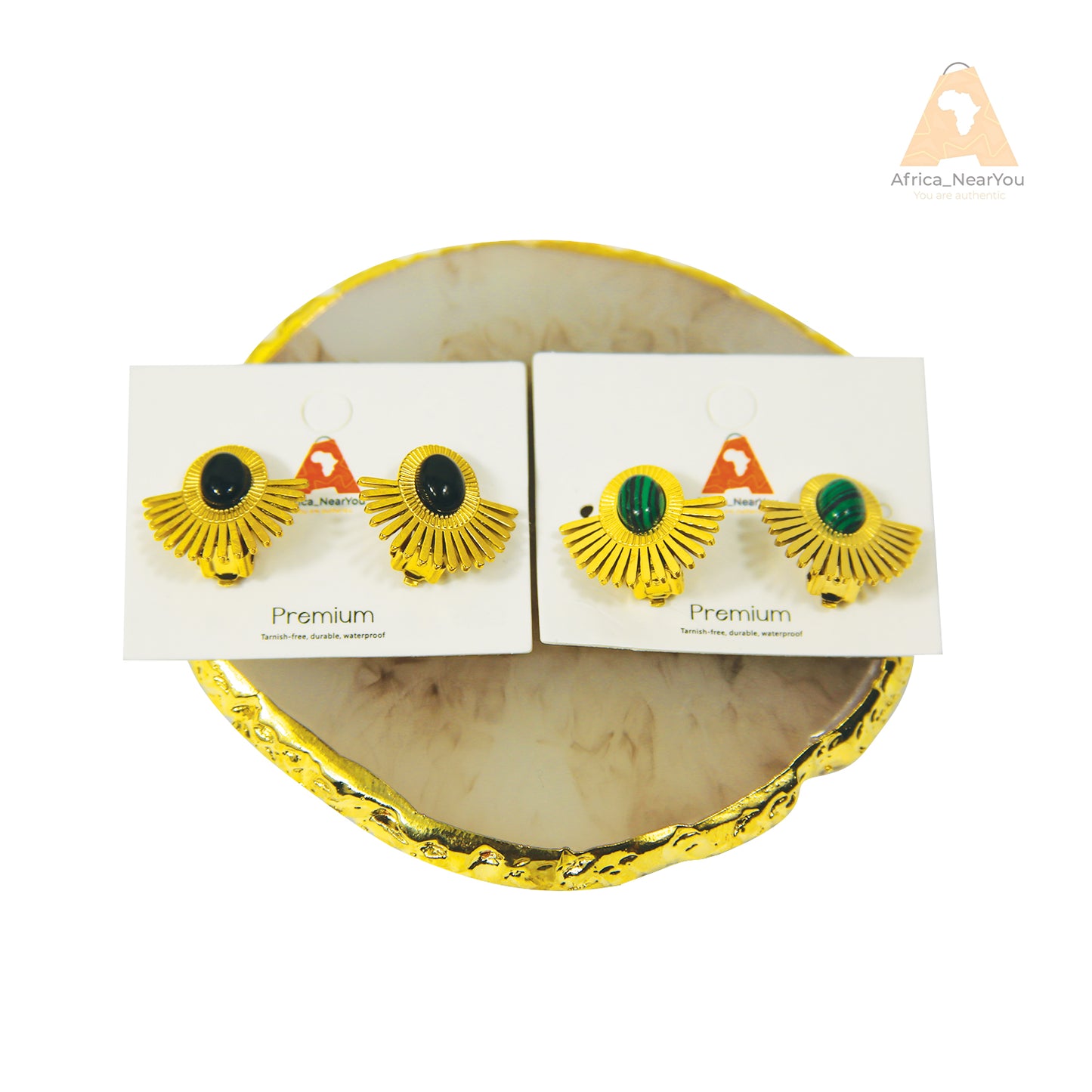 Egyptian-Inspired Gold Fan Earrings with Gemstone